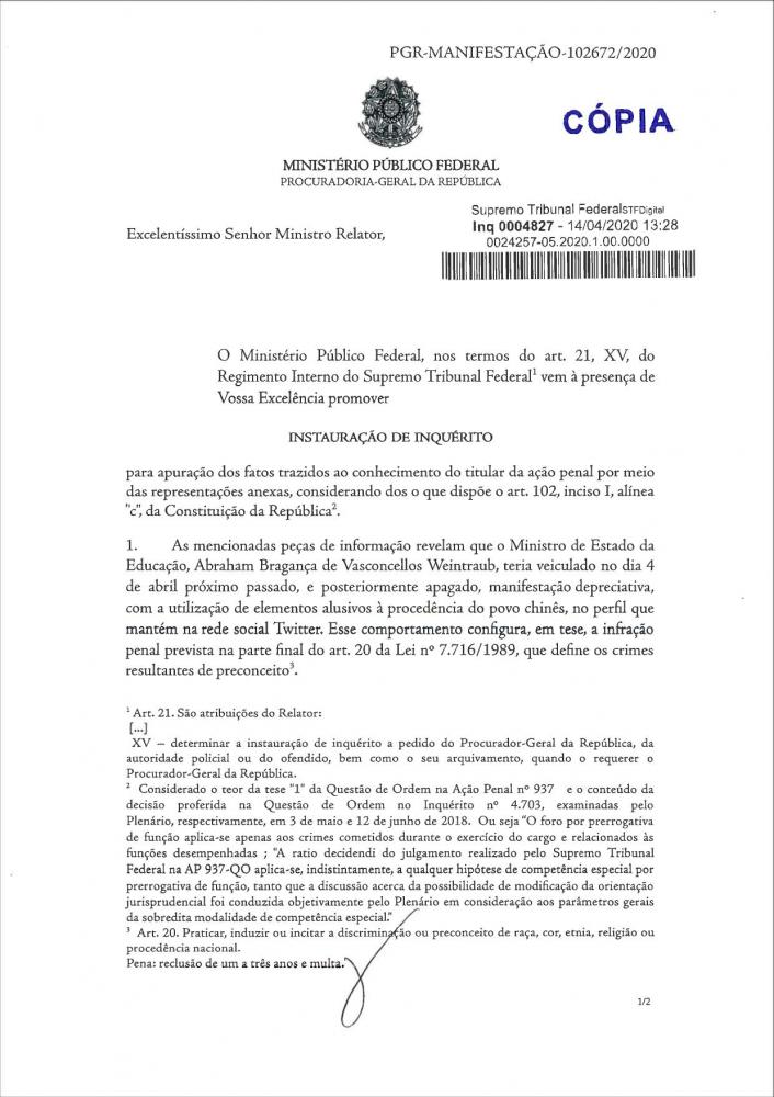 PGR pede que STF abra processo contra Weintraub